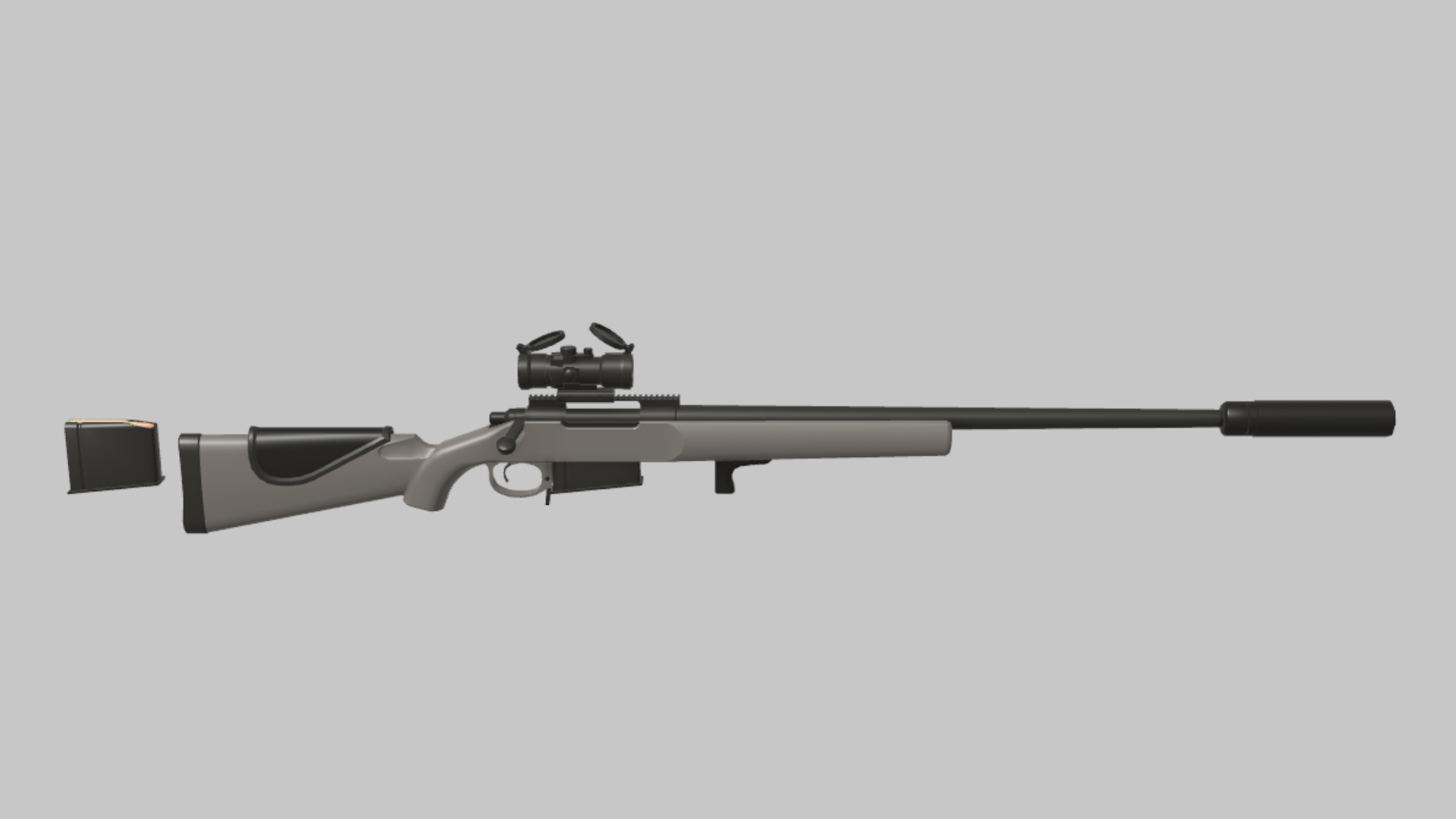 R700 Tactical RBXM firearm asset front render showing a gray R700 Tactical variant with optic, suppressor, and long clean barrel line