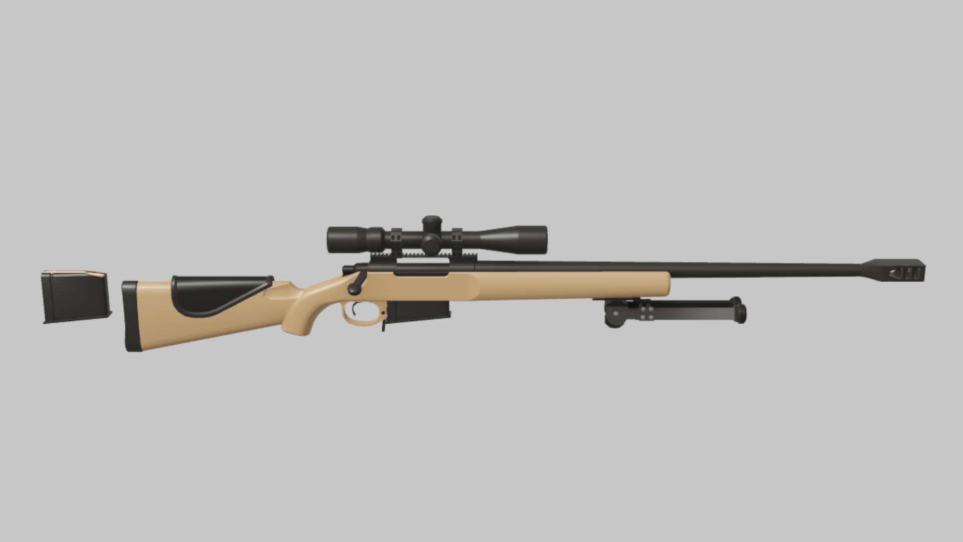 R700 RBXM firearm asset front render showing a tan R700 sniper rifle with black scope, long barrel, bipod, and detached magazine block