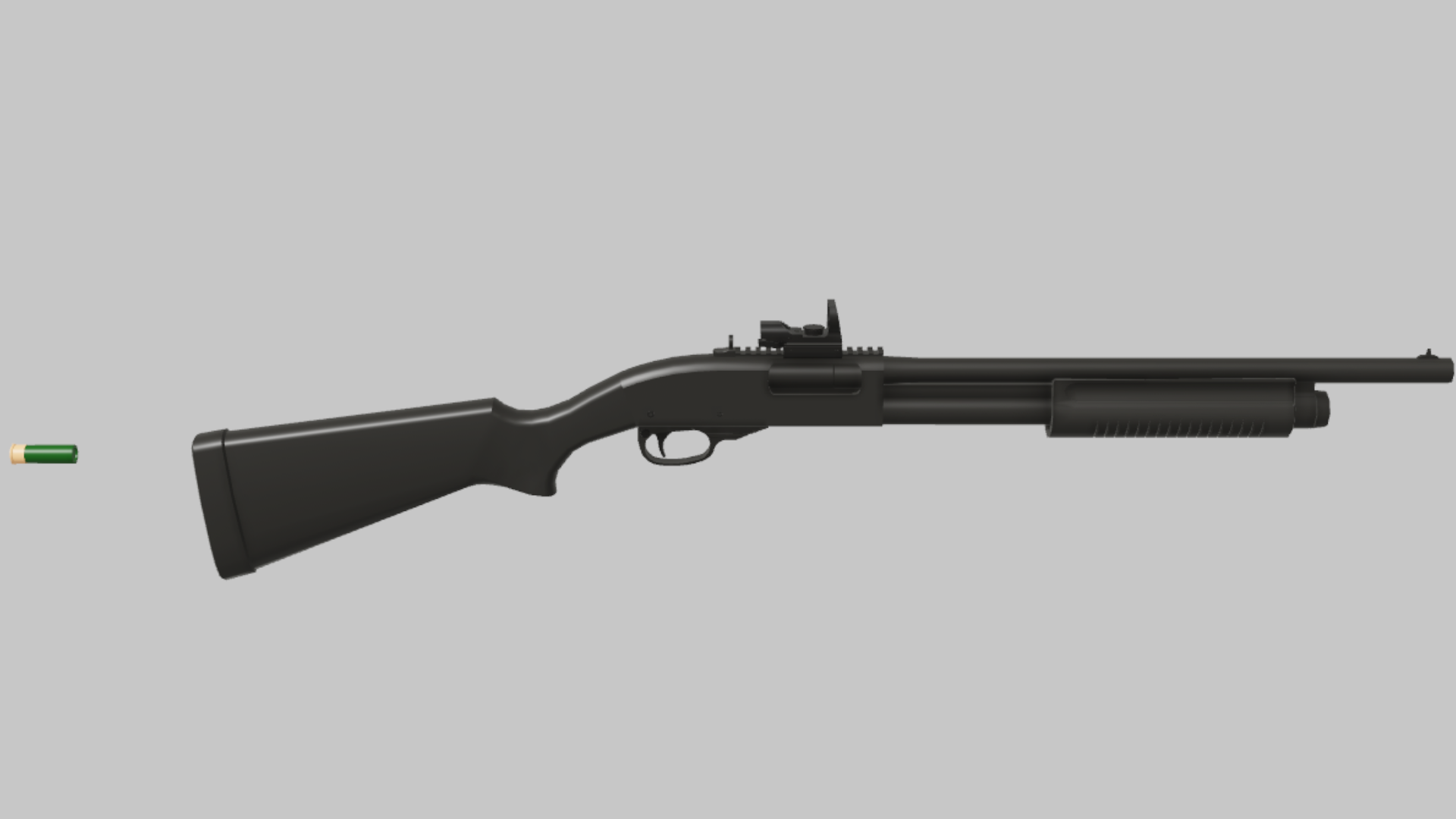 R870 Flechette RBXM firearm asset front render showing a black R870 Flechette variant with green shell marker and compact raised sight