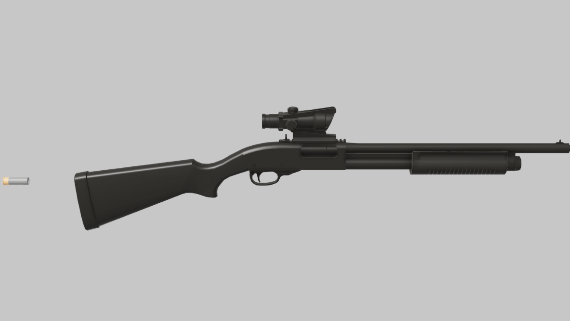 R870 Slug RBXM firearm asset front render showing a black R870 Slug setup with pale shell marker, optic, and long pump body