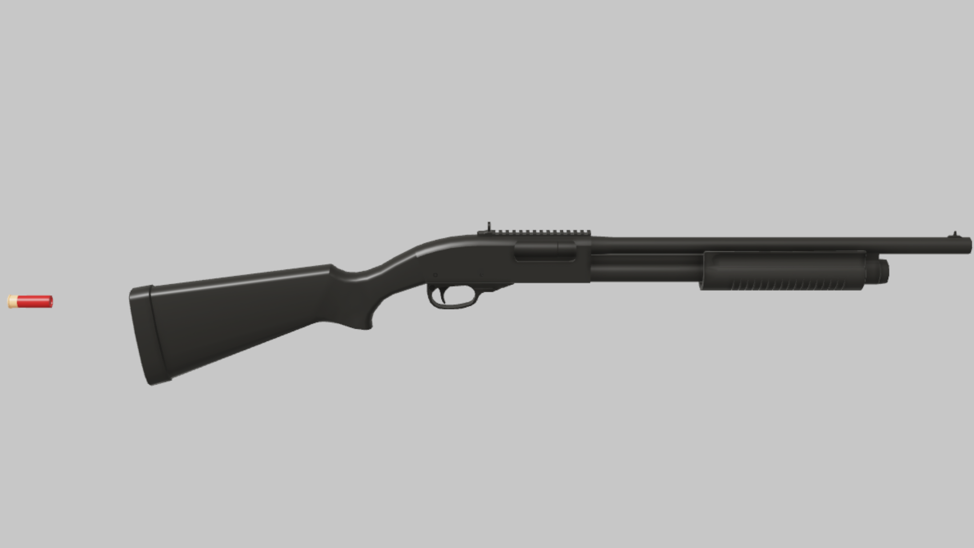 R870 RBXM firearm asset front render showing a black R870 shotgun with red shell marker, pump handguard, and long barrel