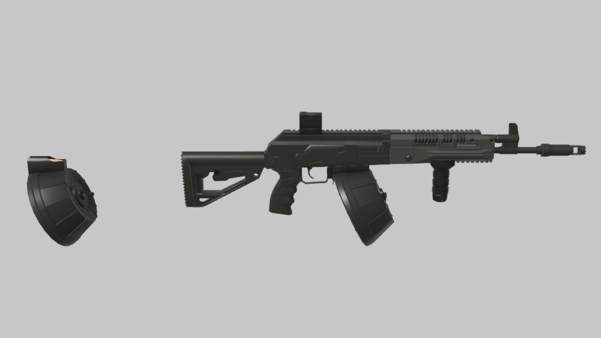 RPK-16 Assault RBXM firearm asset front render showing a black RPK-16 Assault variant with optic, foregrip, and drum magazine