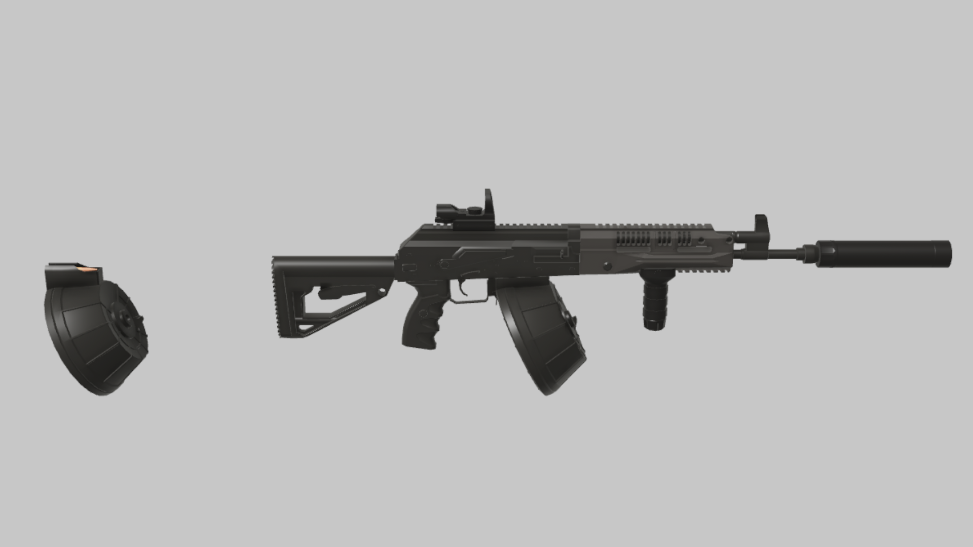RPK-16 Enforcer RBXM firearm asset front render showing a black RPK-16 Enforcer with suppressor, vertical grip, optic, and drum magazine