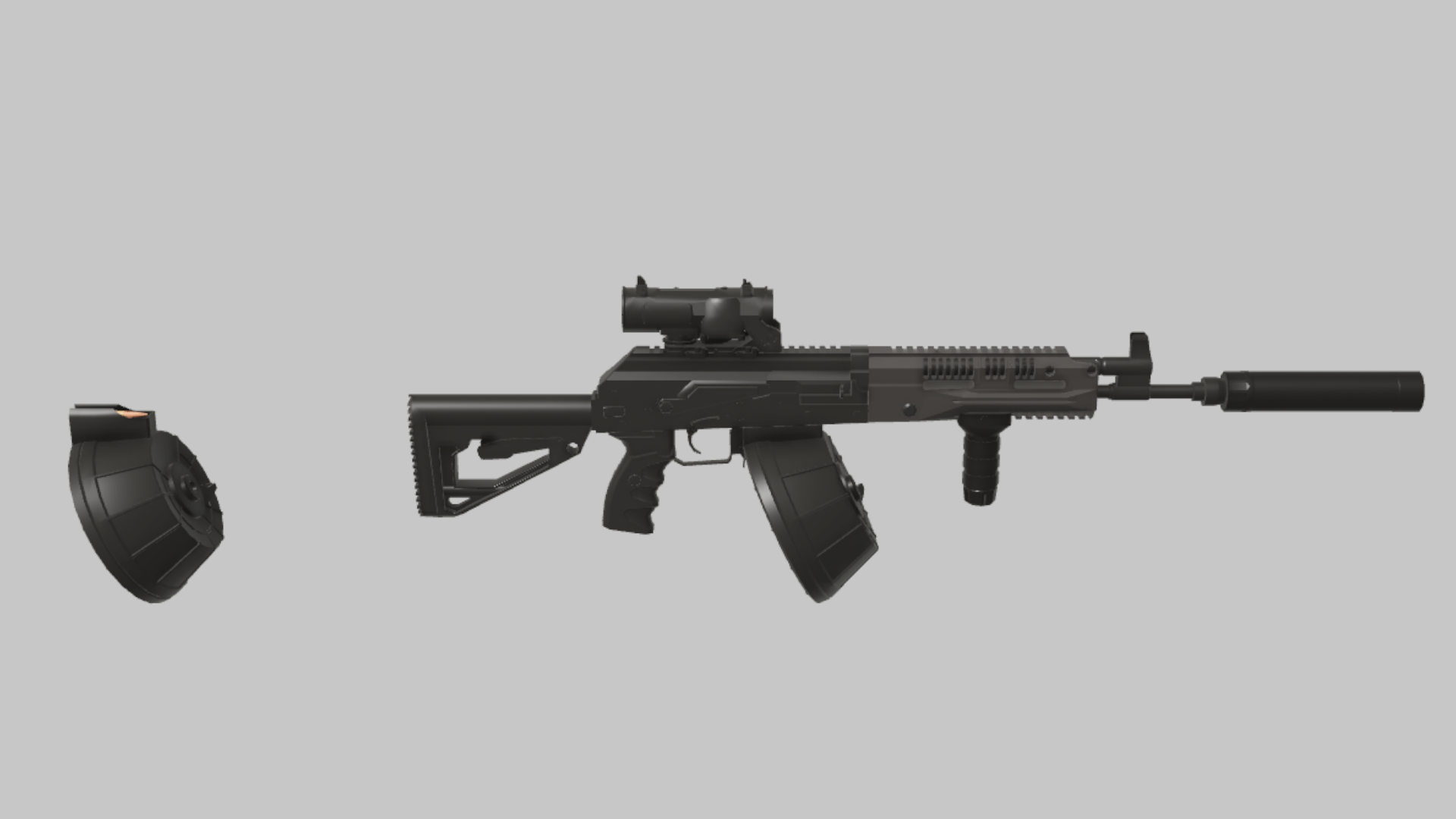 RPK-16 Support RBXM firearm asset front render showing a black RPK-16 Support build with large optic, suppressor, foregrip, and drum magazine