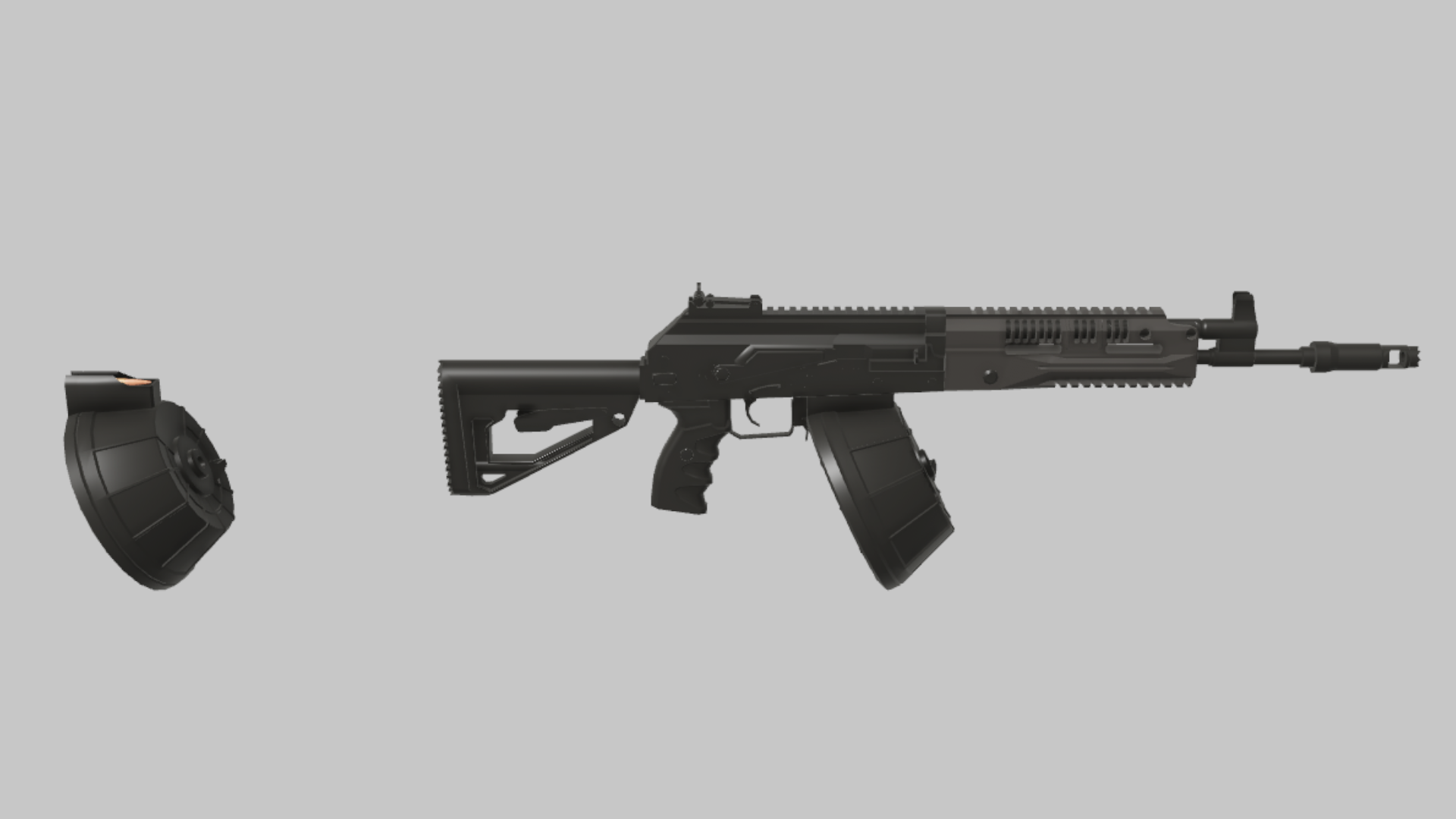 RPK-16 RBXM firearm asset front render showing a black RPK-16 with drum magazine, skeletal stock, and gray rail handguard