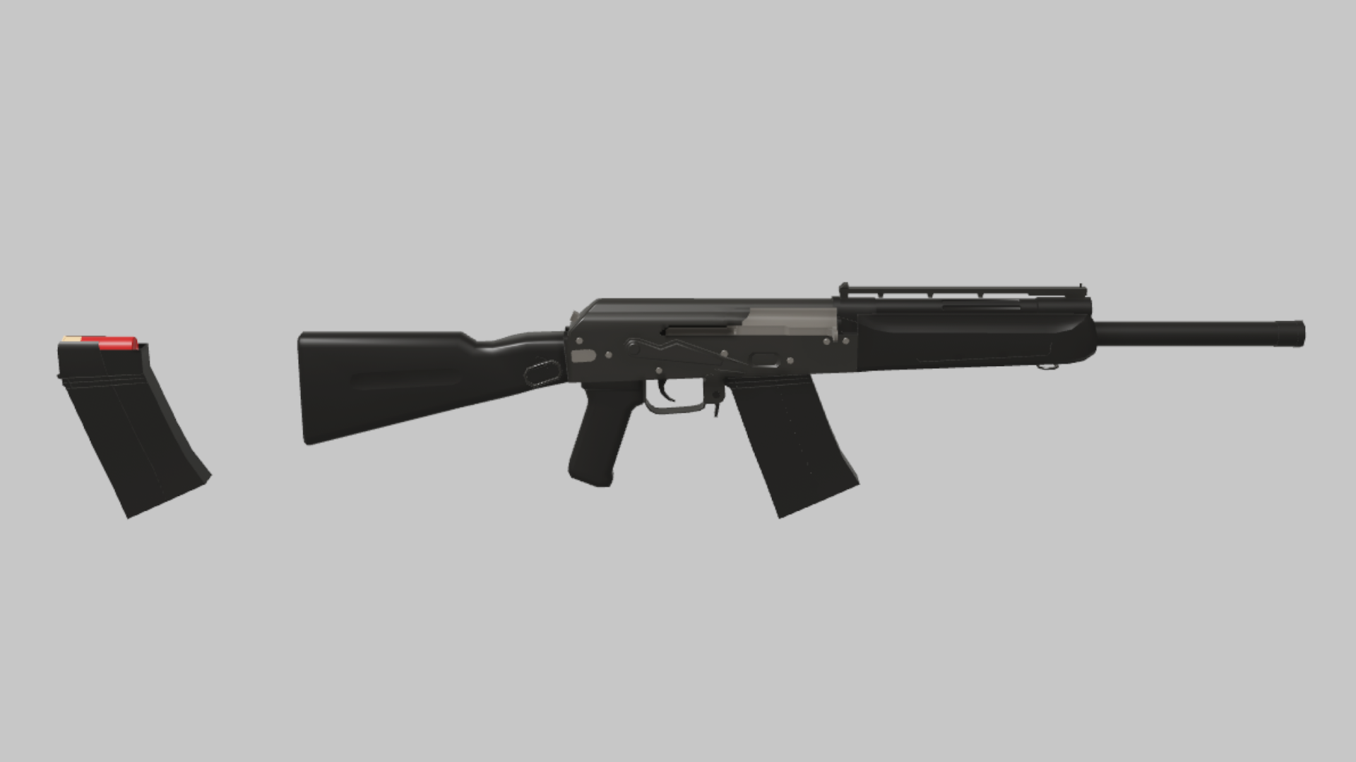 Saiga-12 RBXM firearm asset front render showing a black Saiga-12 shotgun with red shell marker, box magazine, and long barrel