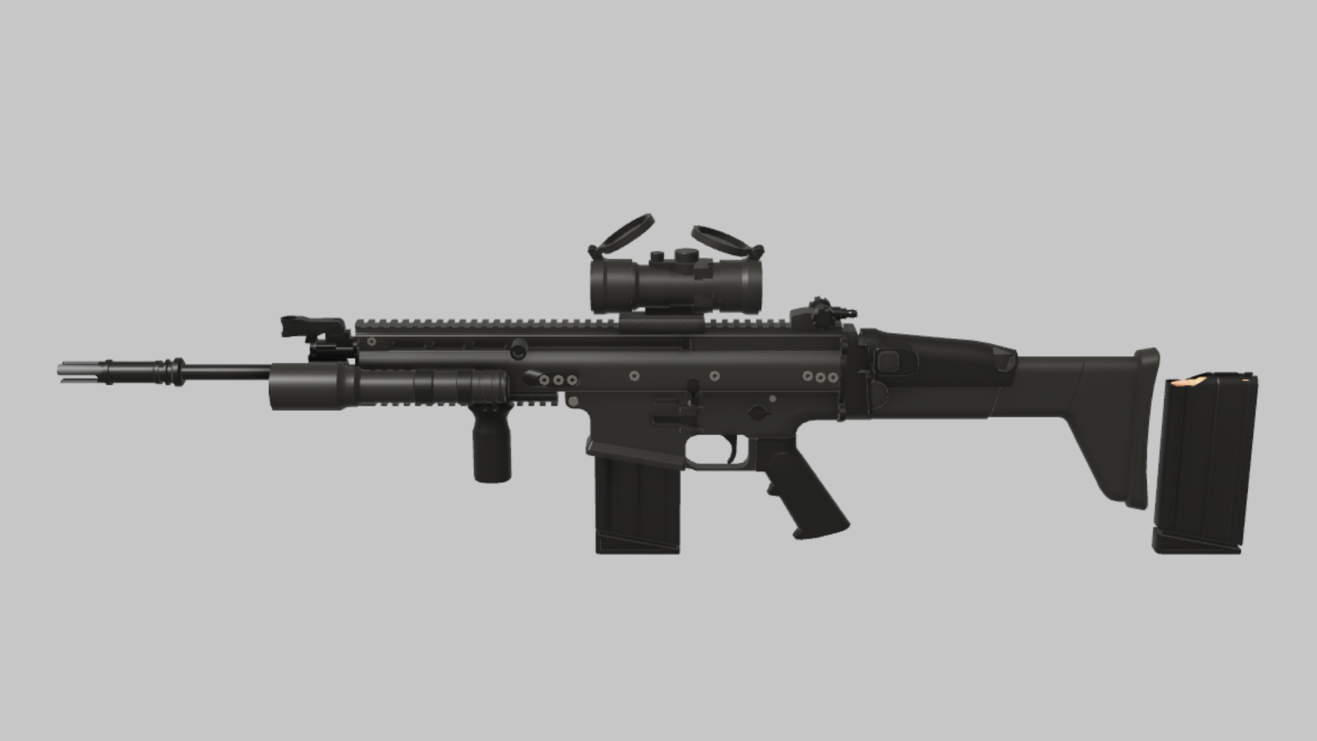 SCAR-H Assault RBXM firearm asset front render showing a black SCAR-H Assault variant with optic, underbarrel modules, and full rail setup