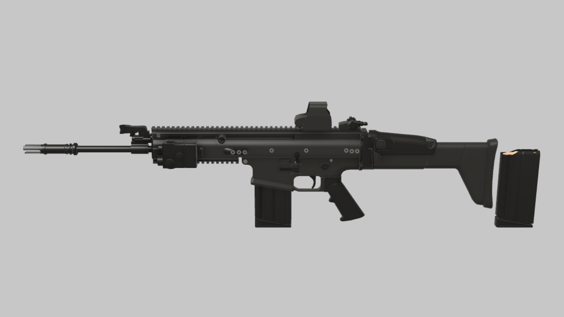 SCAR-H CQB RBXM firearm asset front render showing a black SCAR-H CQB build with red-dot optic, compact front accessory, and box magazine