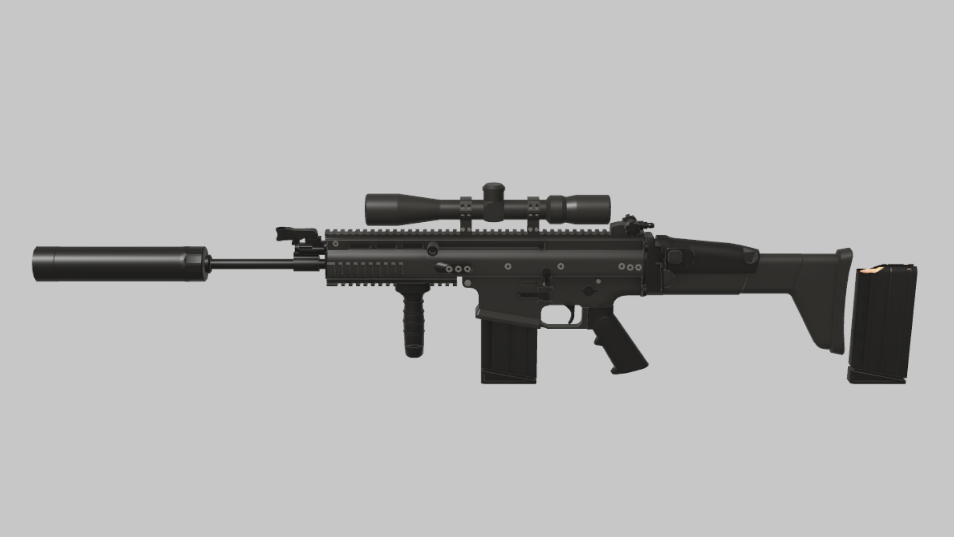 SCAR-H Spec Ops RBXM firearm asset front render showing a black SCAR-H Spec Ops variant with long scope, suppressor, vertical grip, and tactical rail body