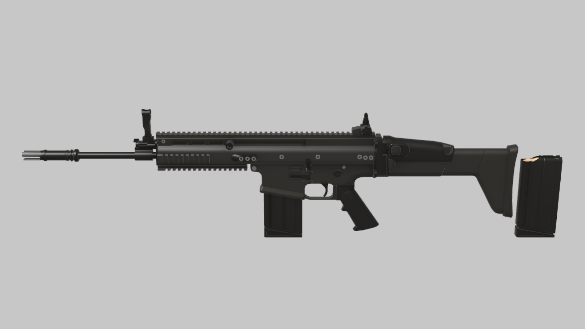 SCAR-H RBXM firearm asset front render showing a black SCAR-H with long rail handguard, box magazine, and spare magazine render
