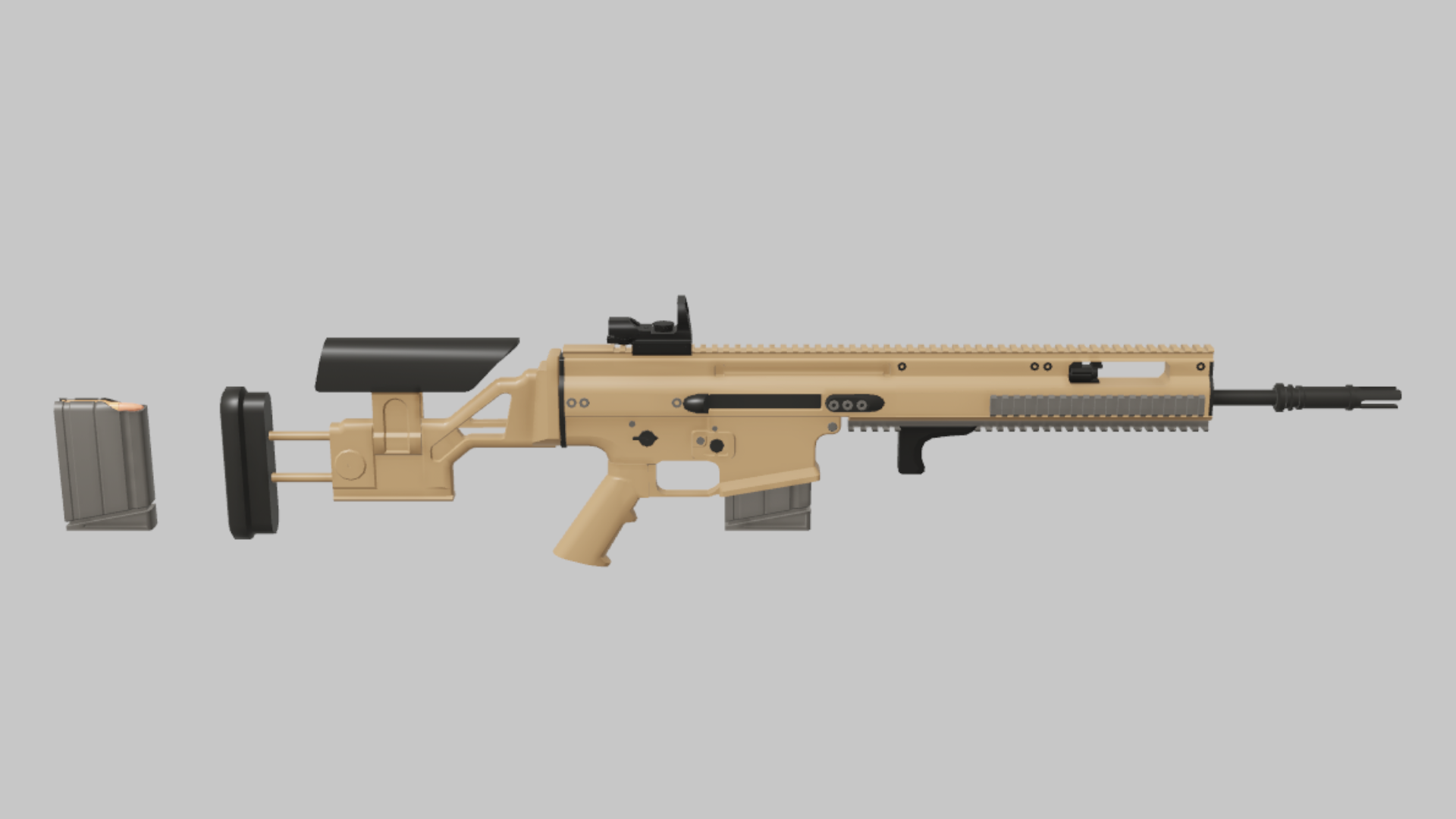 SCAR SSR Assault RBXM firearm asset front render showing a tan SCAR SSR Assault variant with cheek riser, rail top, and long barrel