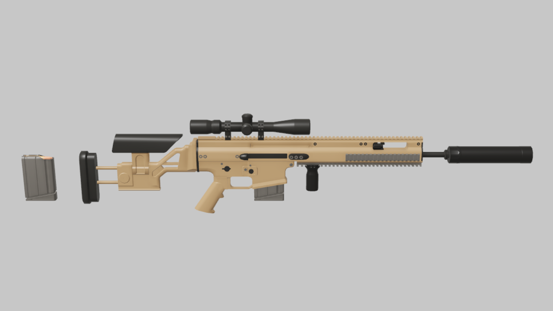 SCAR SSR Marksman RBXM firearm asset front render showing a tan SCAR SSR Marksman build with scope, suppressor, vertical grip, and long chassis
