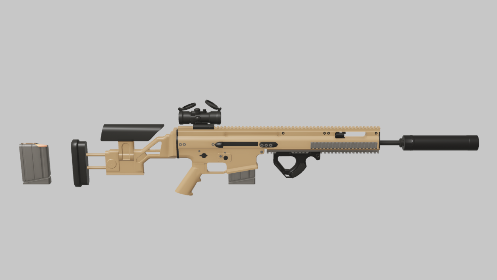 SCAR SSR Ranger RBXM firearm asset front render showing a tan SCAR SSR Ranger setup with red-dot optic, suppressor, underbarrel grip, and angular stock
