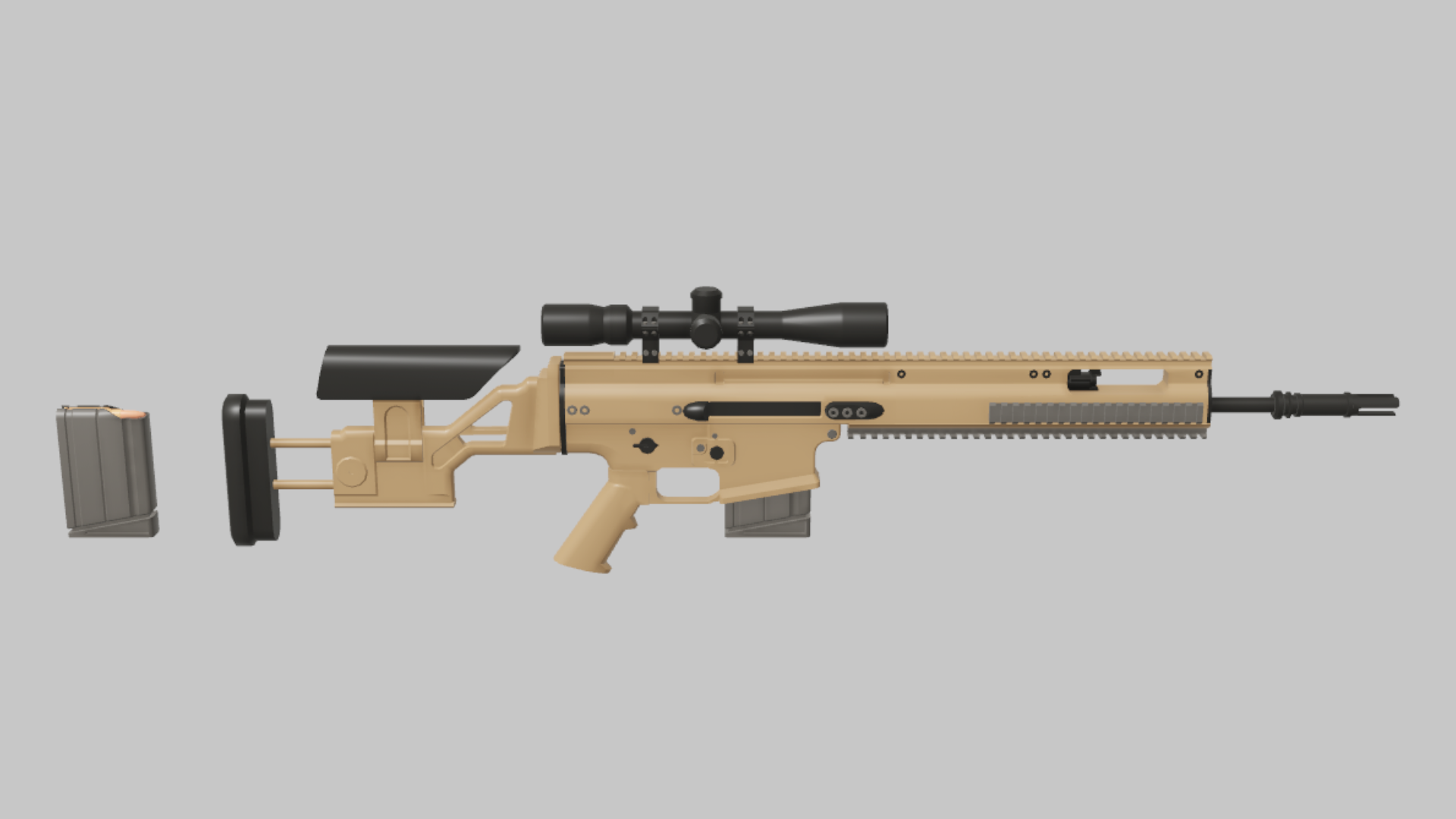 SCAR SSR RBXM firearm asset front render showing a tan SCAR SSR marksman rifle with long scope, black barrel, and detached magazine