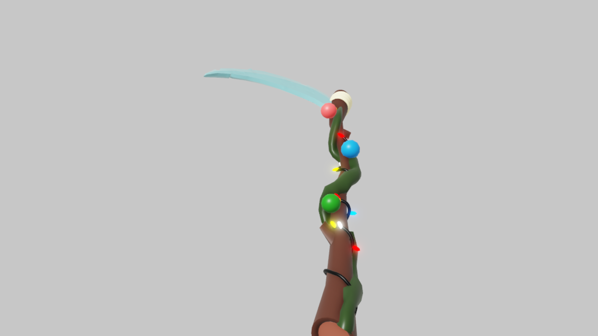 Christmas Scythe RBXM scythe asset front render showing a Christmas scythe with green handle wrap, bright ornaments, candy colors, and pale blue blade