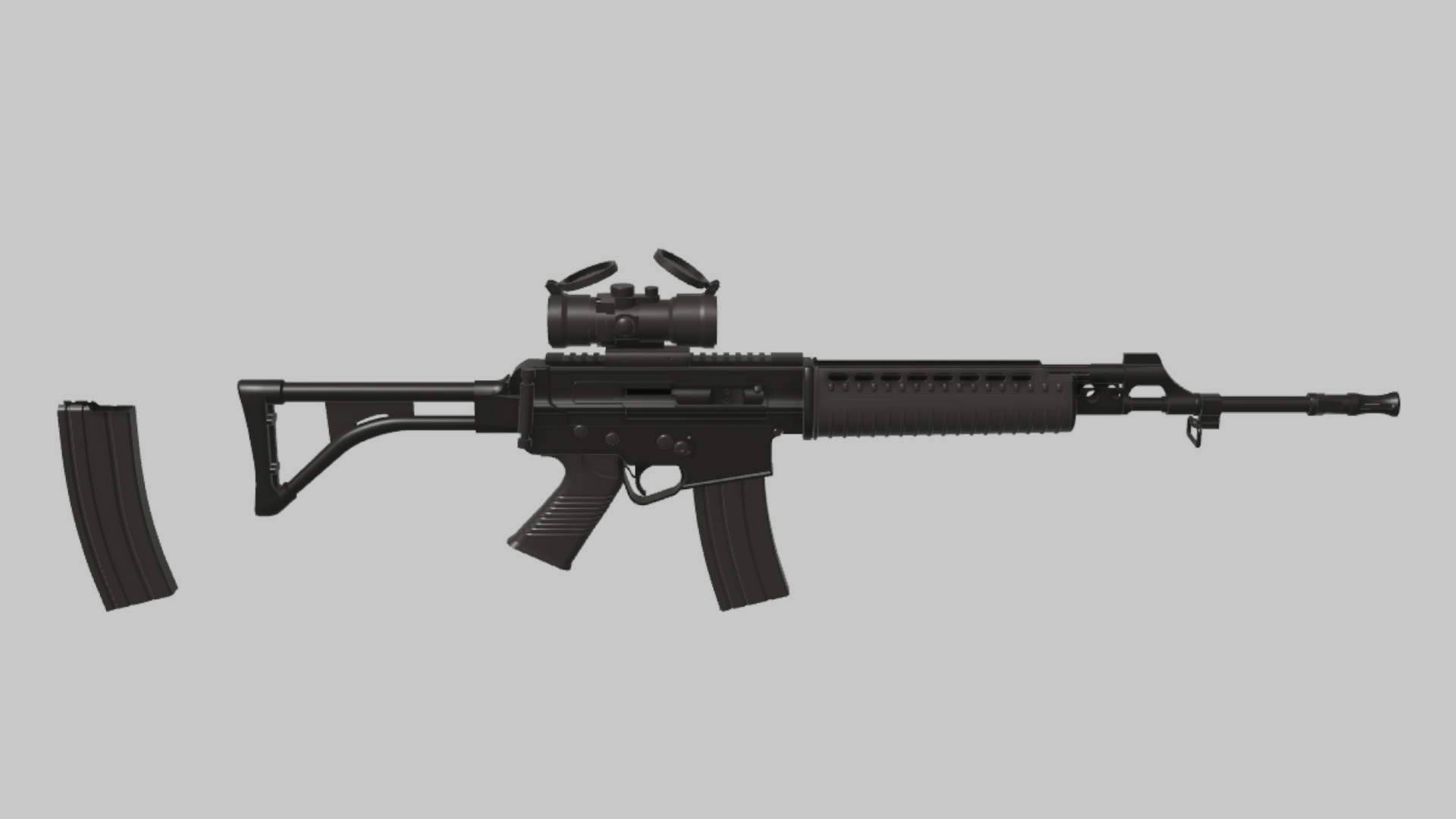 SS2 Damage RBXM firearm asset front render showing a black SS2 Damage variant with optic, underbarrel accessory, and curved magazine