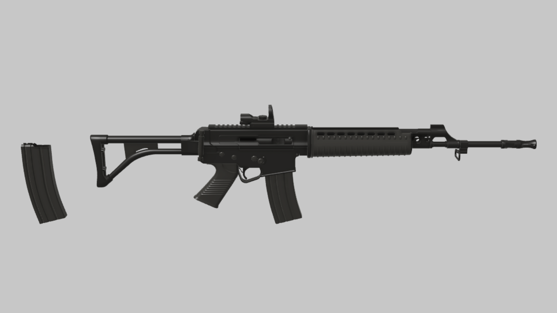 SS2 Mobility RBXM firearm asset front render showing a black SS2 Mobility variant with clean rail body, curved magazine, and lighter visual setup