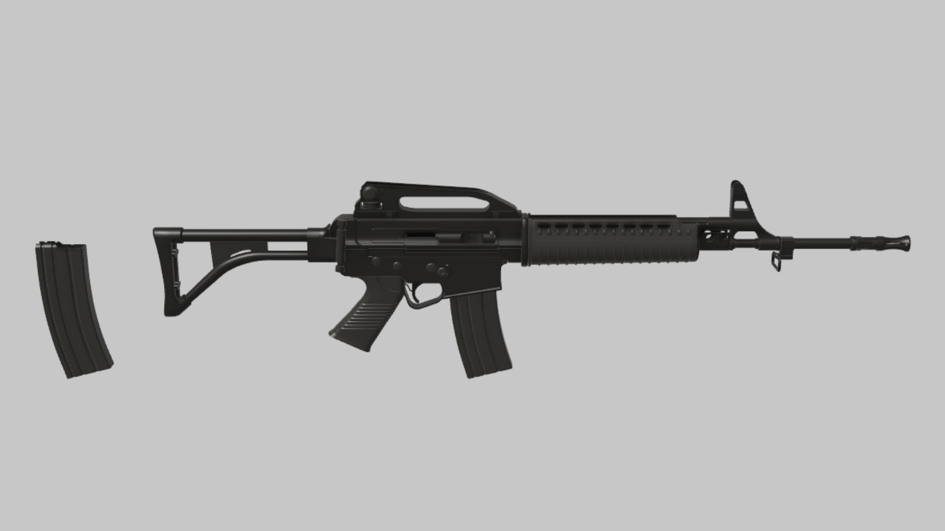 SS2 RBXM firearm asset front render showing a black SS2 rifle with carry-handle profile, curved magazine, and compact rail body