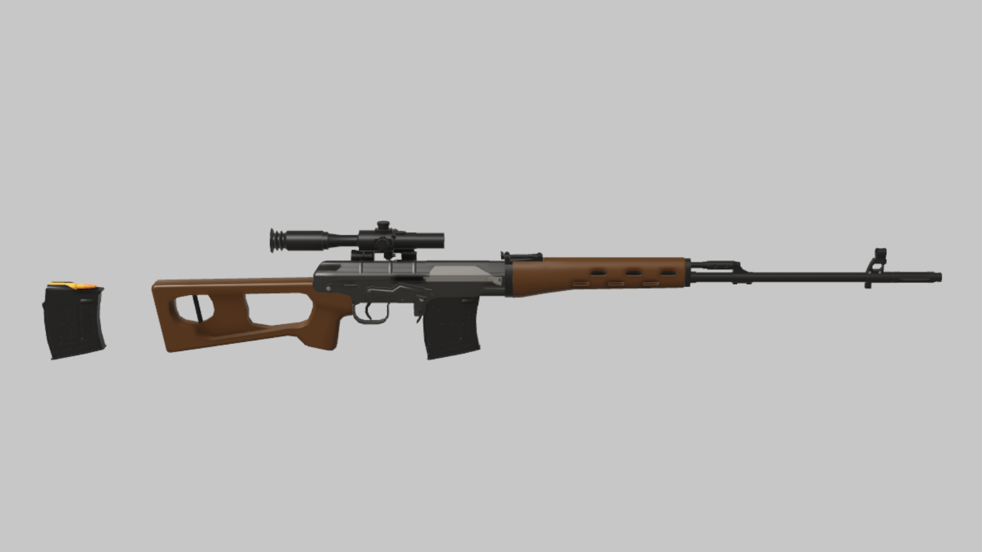 SVD RBXM firearm asset front render showing a brown-and-black SVD marksman rifle with skeleton wood stock, long barrel, and top optic