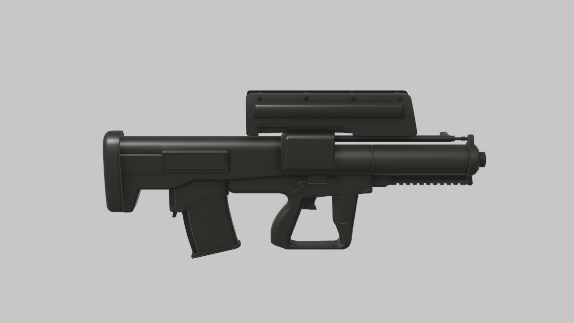XM25 RBXM firearm asset front render showing a compact black XM25 launcher with blocky body, top module, and short front rail