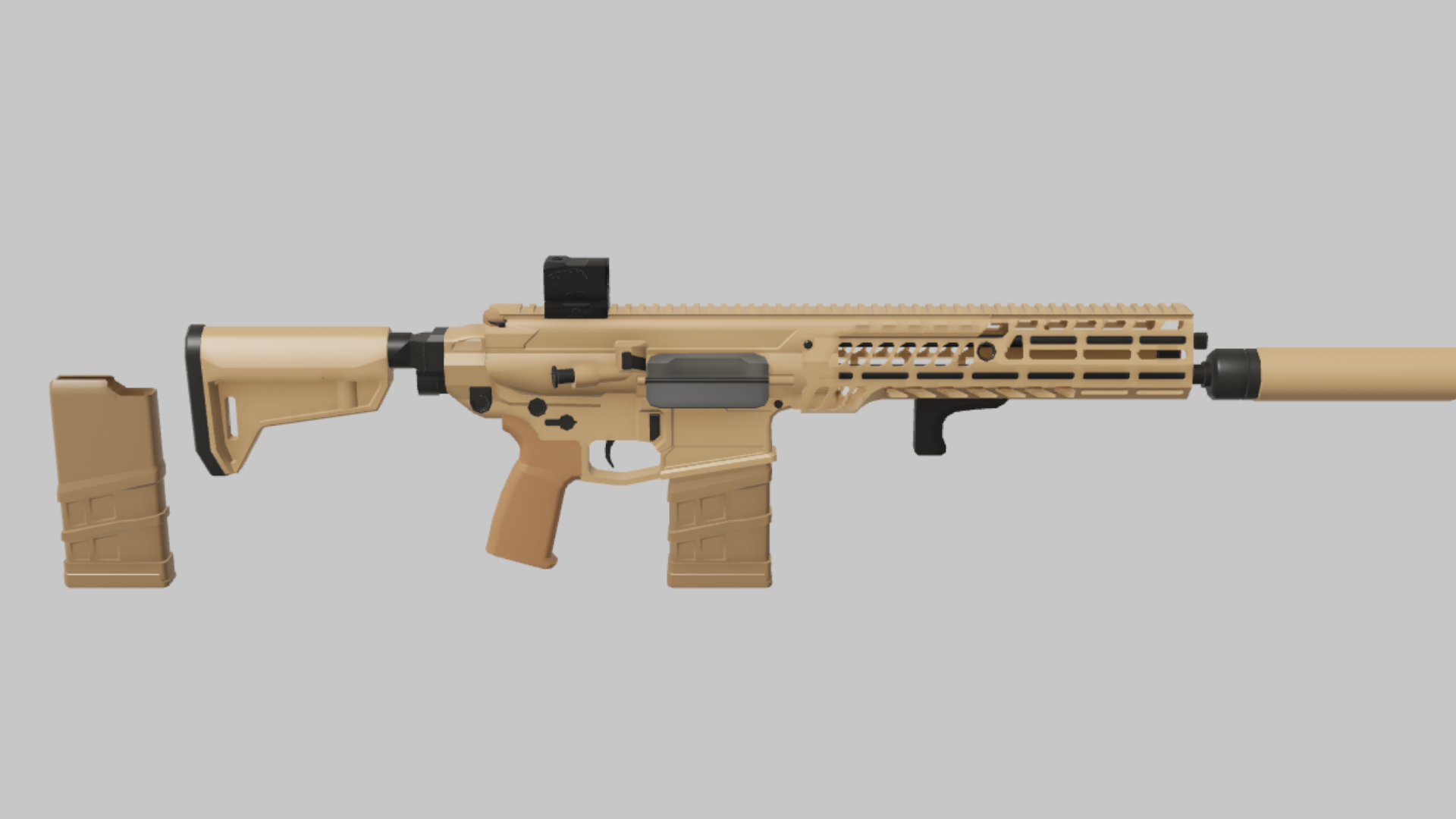 XM7 Assault RBXM firearm asset front render showing a tan XM7 Assault variant with underbarrel grip and long vented handguard