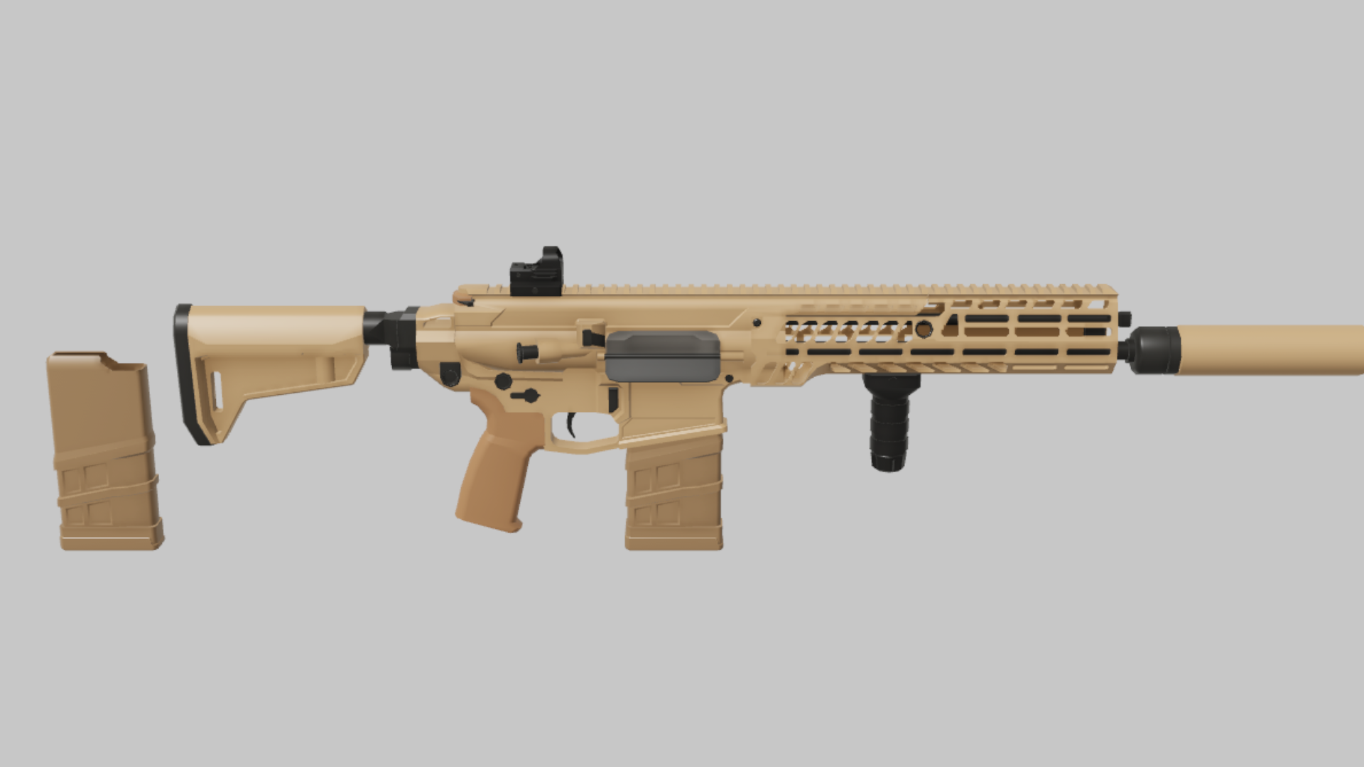 XM7 Breacher RBXM firearm asset front render showing a tan XM7 Breacher build with vertical grip, suppressor, and compact optic