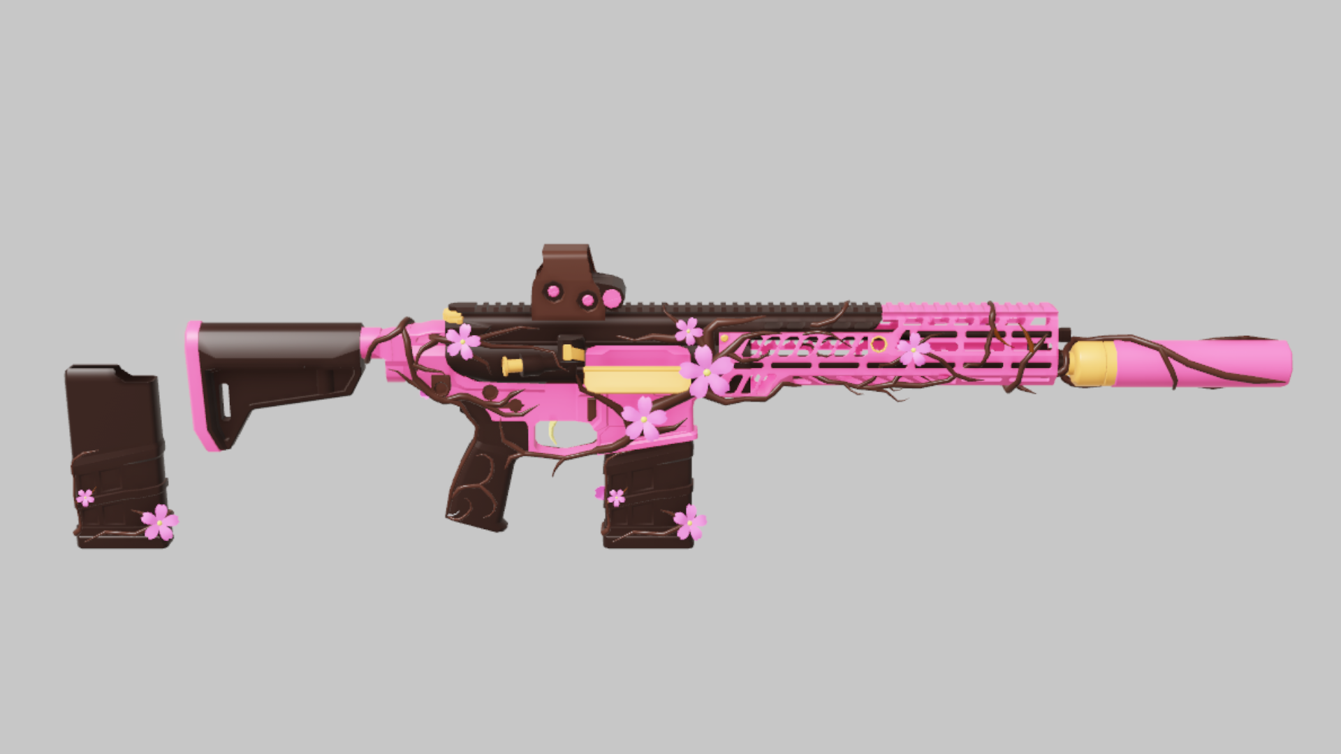 XM7 Cherry Blossom RBXM firearm asset front render showing a pink Cherry Blossom XM7 with floral graphics, dark brown furniture, and bright pink suppressor