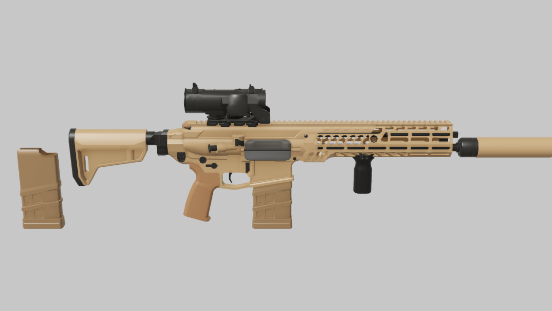 XM7 Ranger RBXM firearm asset front render showing a tan XM7 Ranger variant with larger optic, vertical grip, suppressor, and spare magazine
