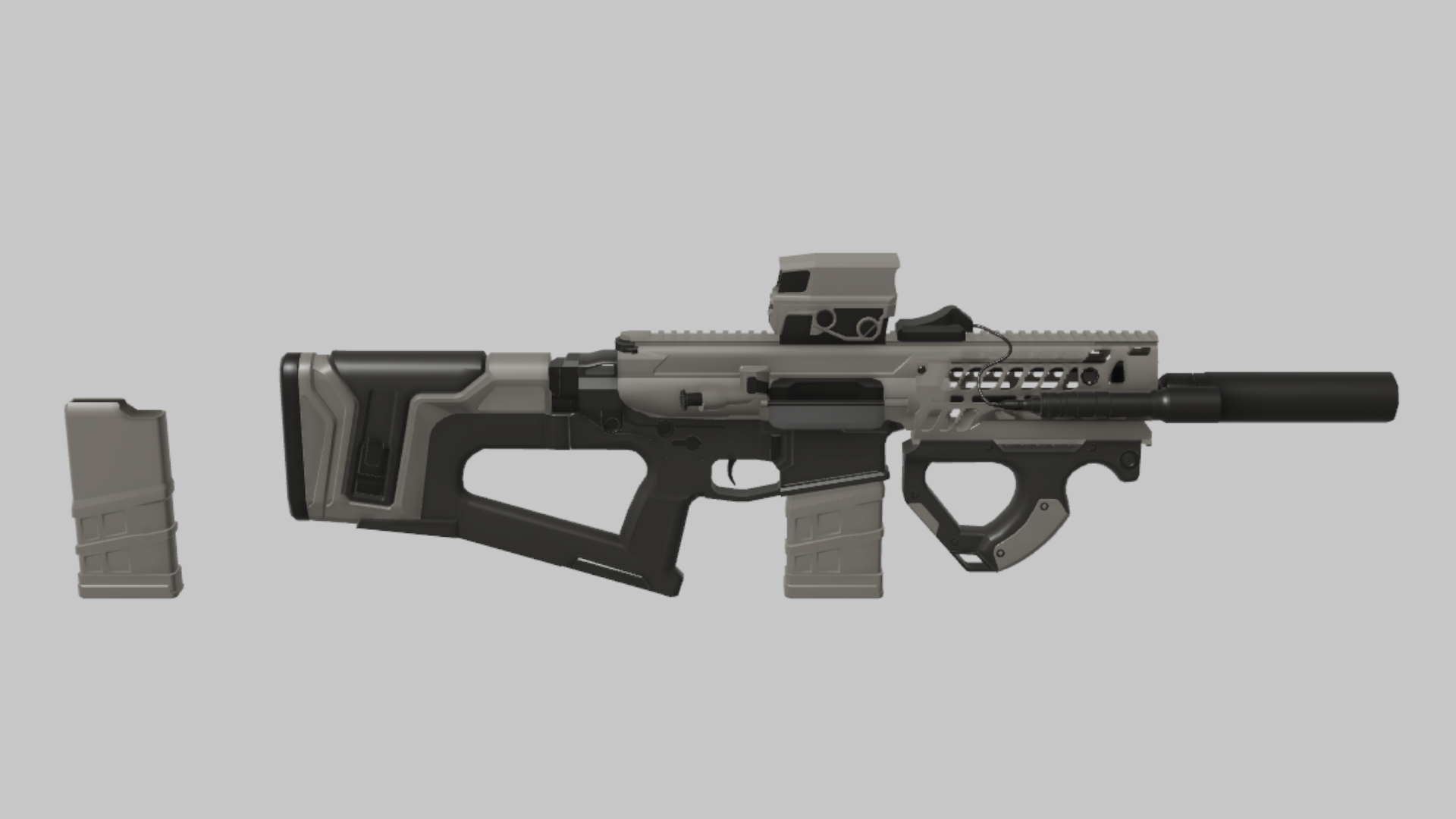 XM7 Tactical RBXM firearm asset front render showing a gray-and-black XM7 Tactical build with angular stock, red-dot sight, suppressor, and underbarrel grip