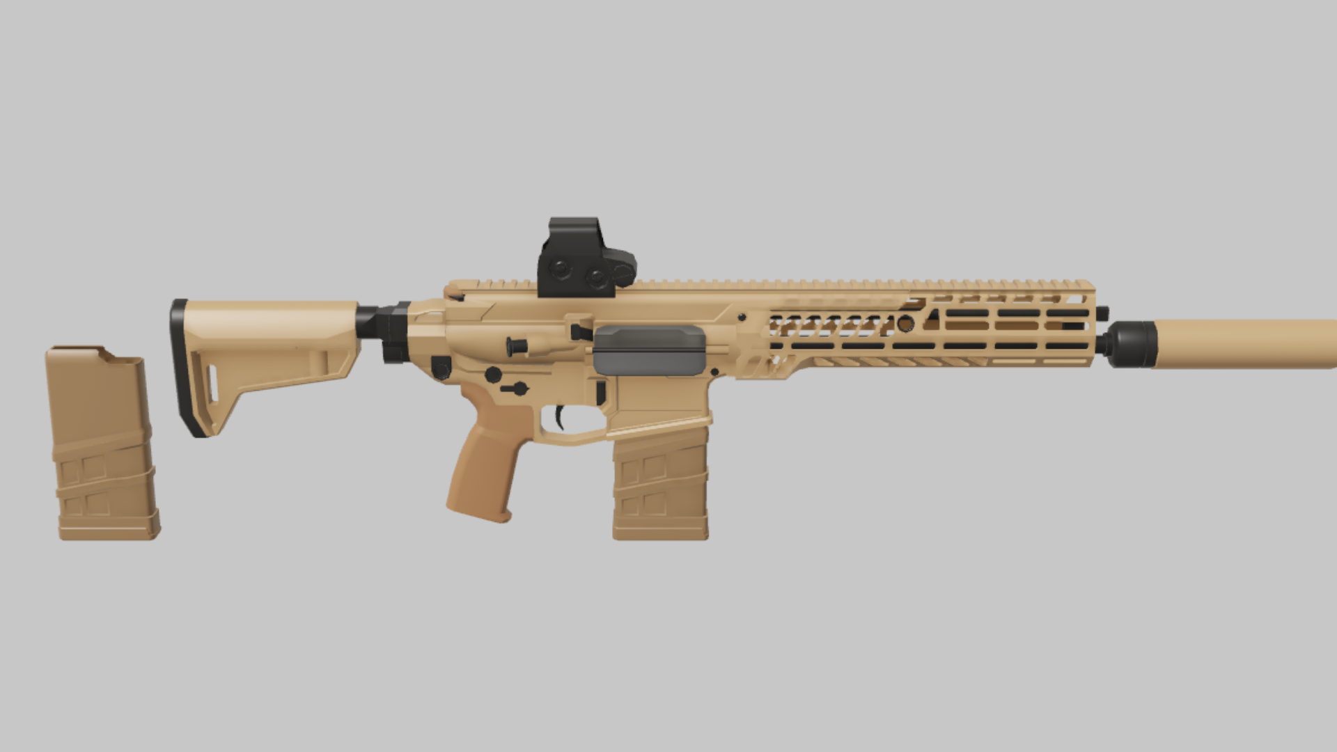 XM7 RBXM firearm asset front render showing a tan XM7 rifle with suppressor, optic, tan magazine, and vented handguard