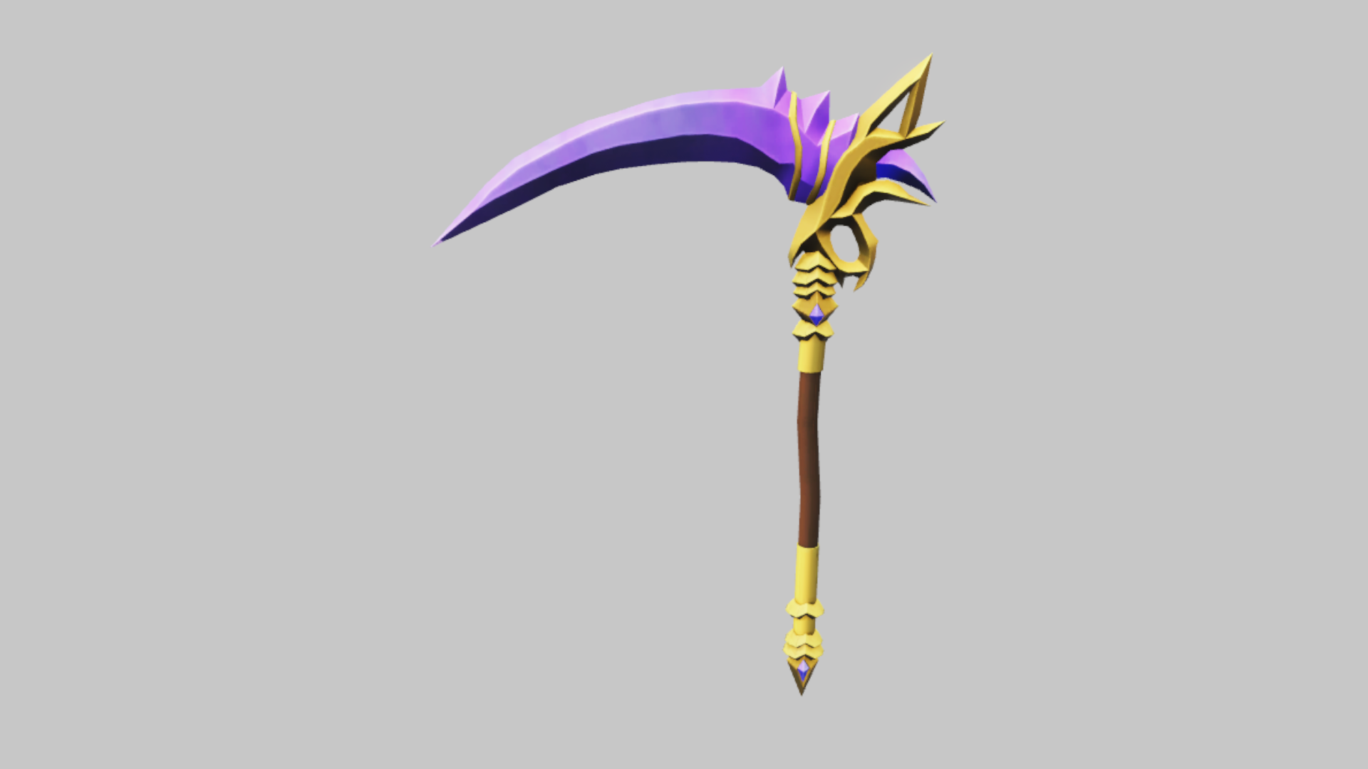 Celestial Scythe RBXM scythe asset front render showing a purple crescent blade, gold starburst head, and dark staff with gold accents