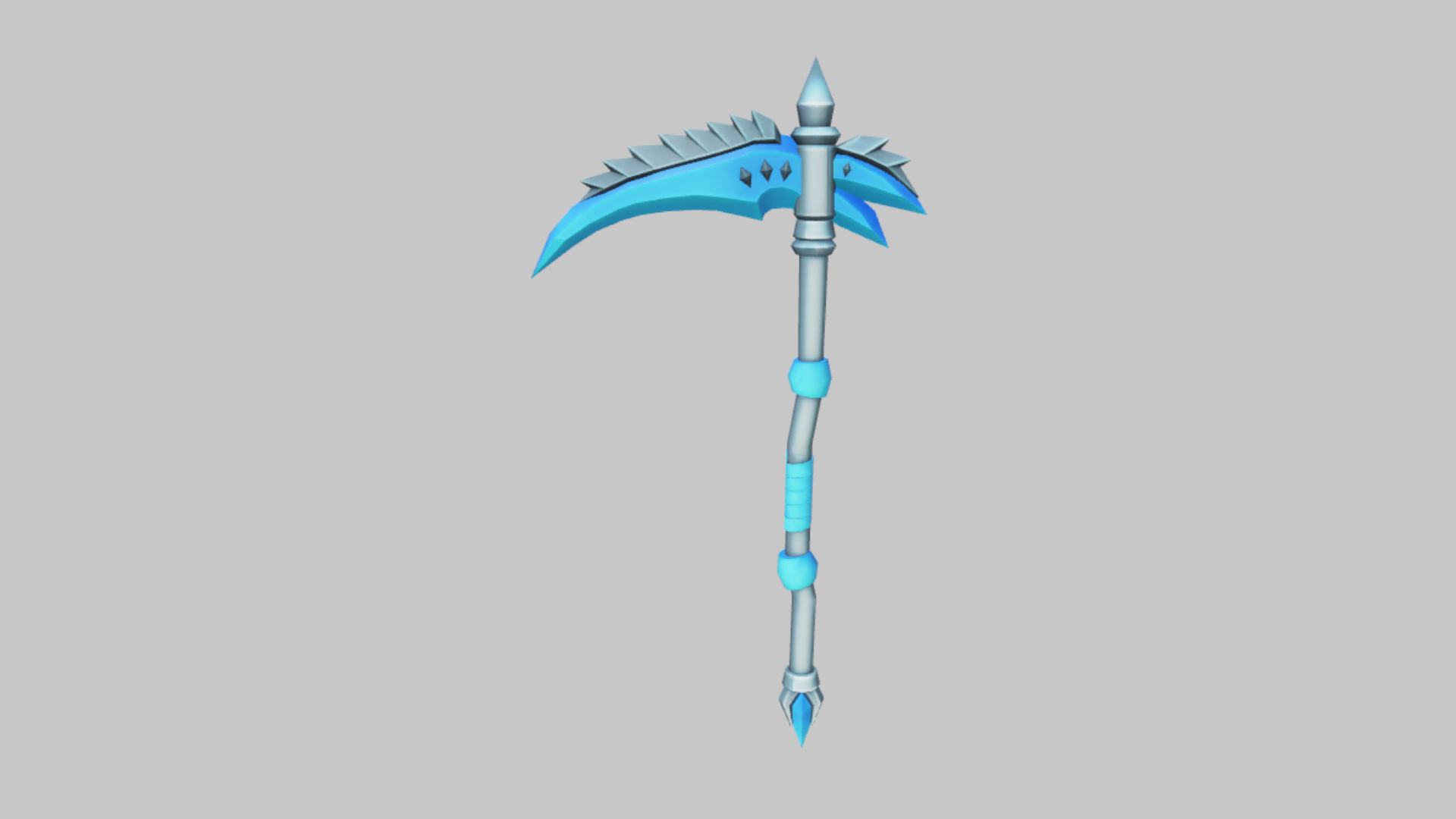 Diamond Scythe RBXM scythe asset front render showing an icy blue double-crescent head with silver spikes and crystal tips