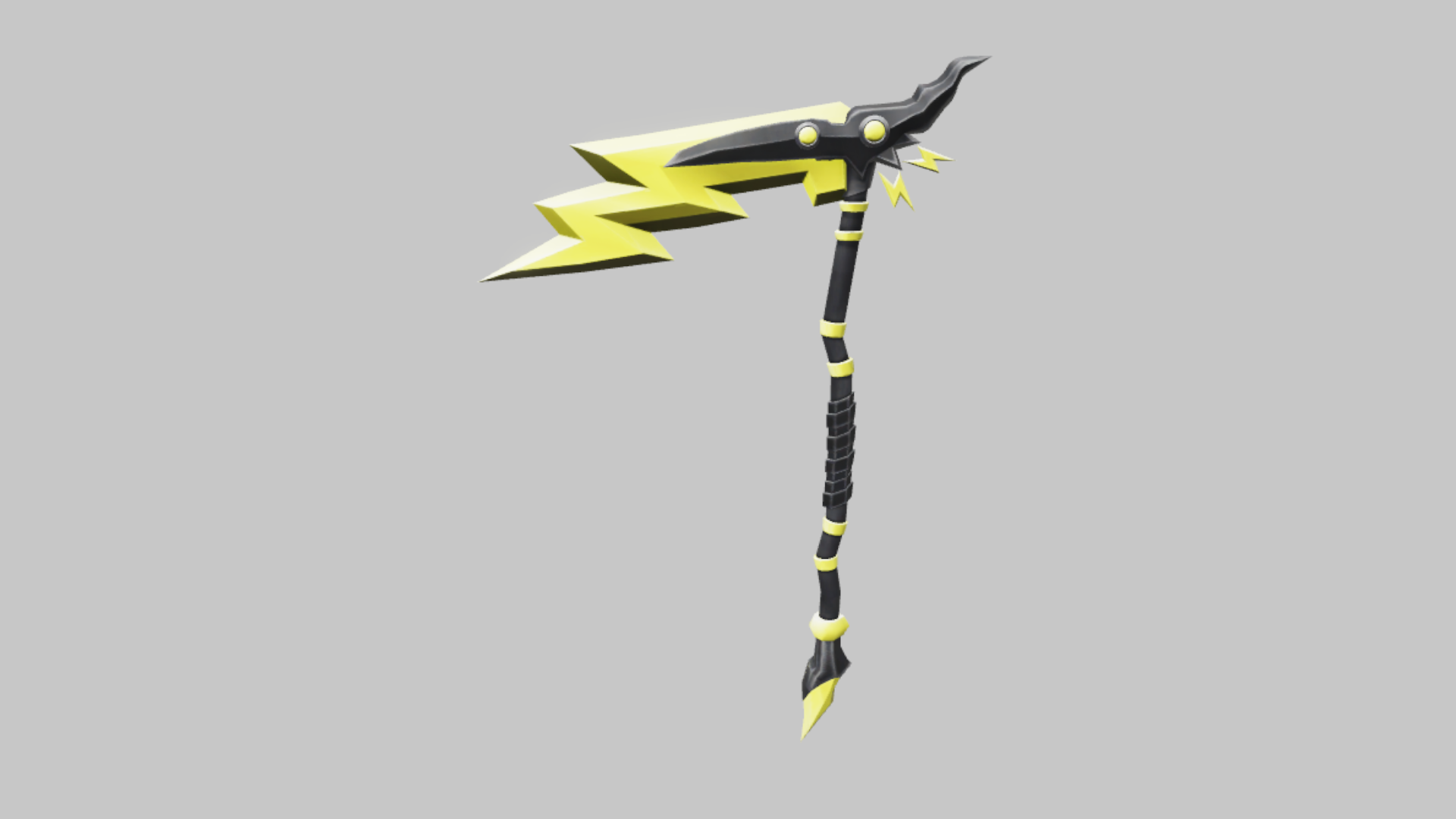Electric Scythe RBXM scythe asset front render showing a jagged yellow lightning blade on a black wrapped handle with bolt accents