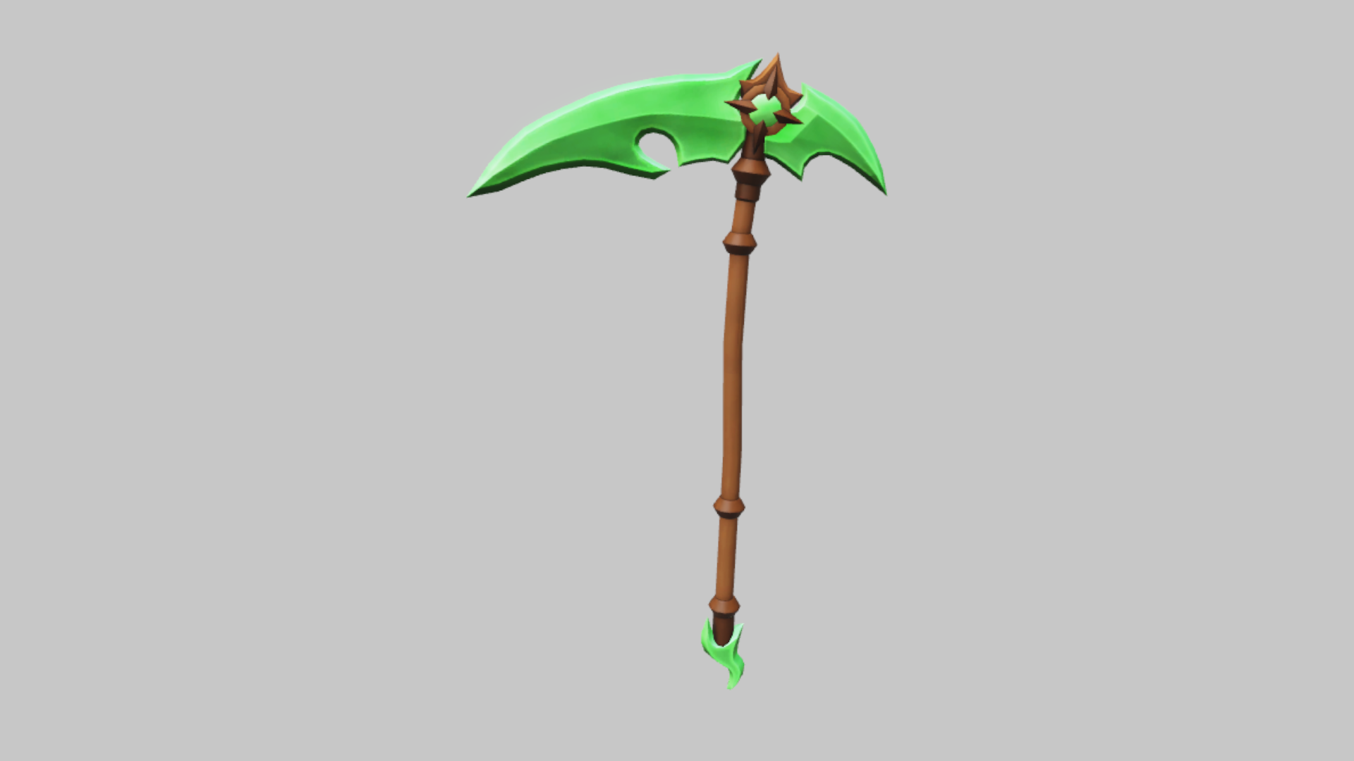 Emerald Scythe RBXM scythe asset front render showing a bright green crescent blade with a brown staff and gem-like lower hook