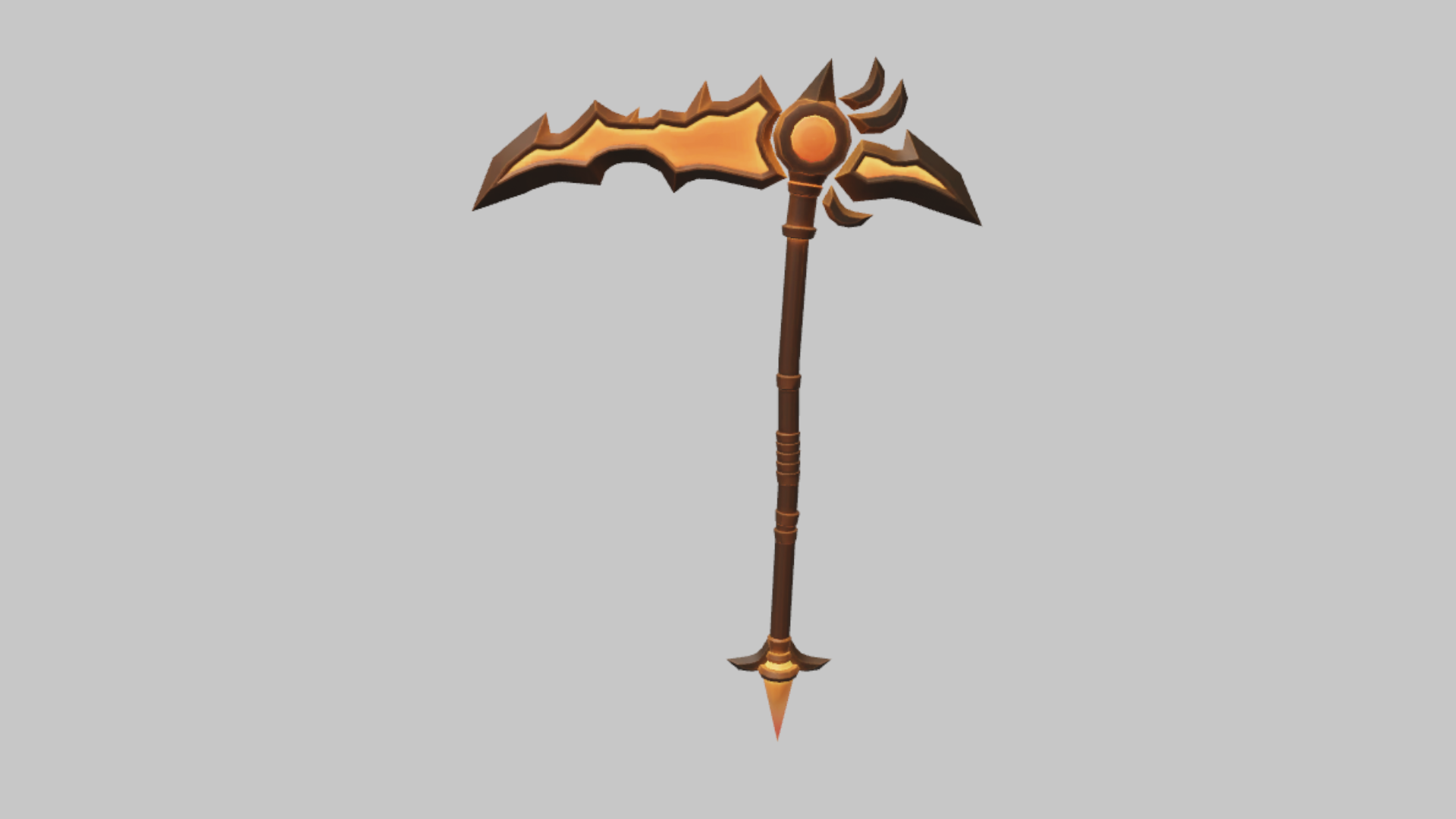 Flame Scythe RBXM scythe asset front render showing an orange flame-shaped blade with dark metal edging and a pointed bronze pommel