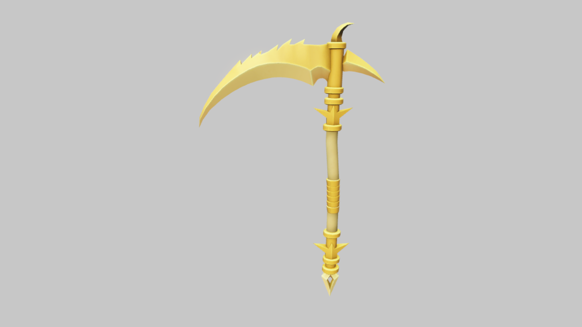 Golden Scythe RBXM scythe asset front render showing a polished gold blade and matching ornate handle with a spear-tip end