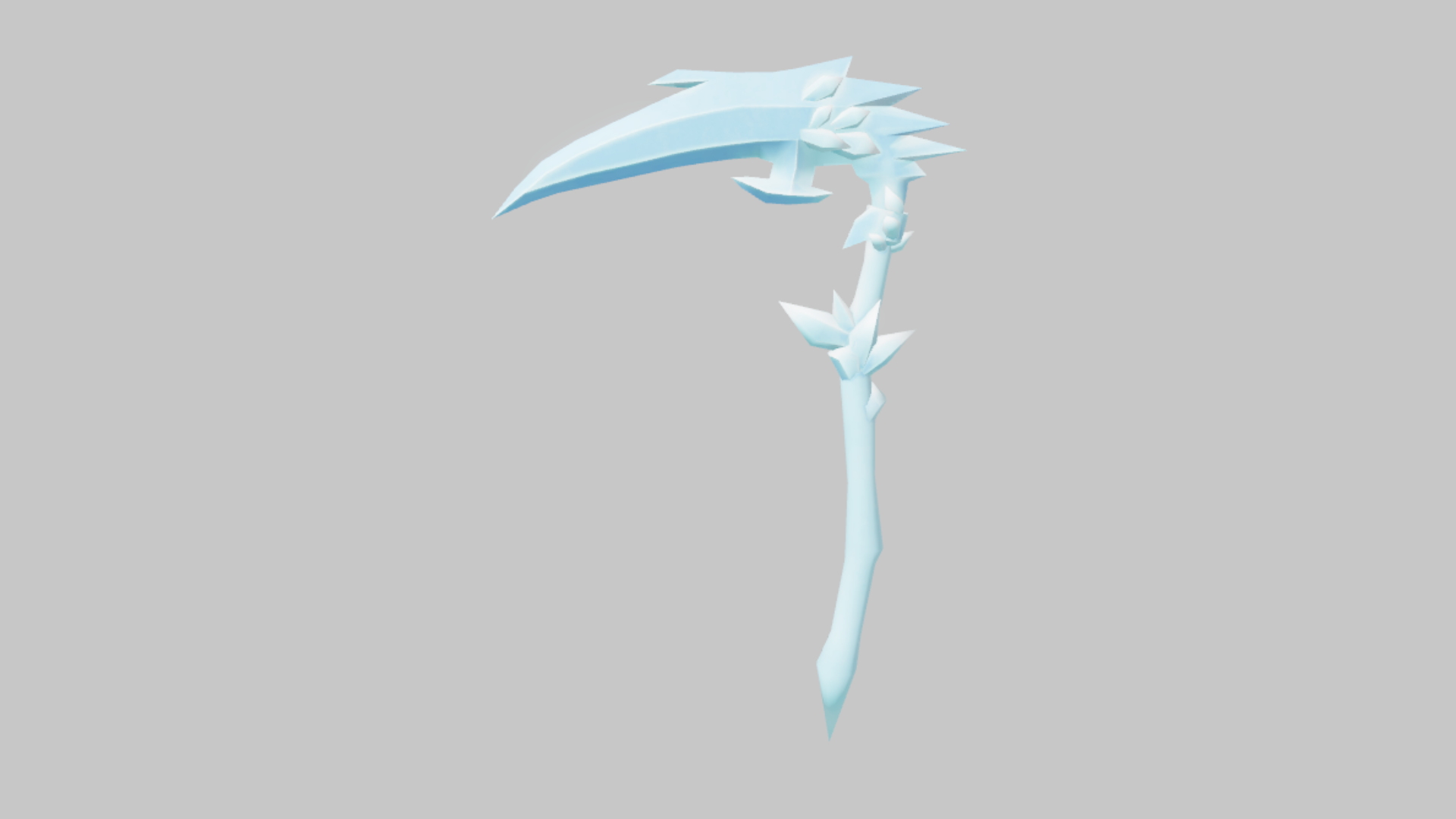 Icicle Scythe RBXM scythe asset front render showing a pale ice-blue blade with frosted spikes and a sharp crystal handle shape