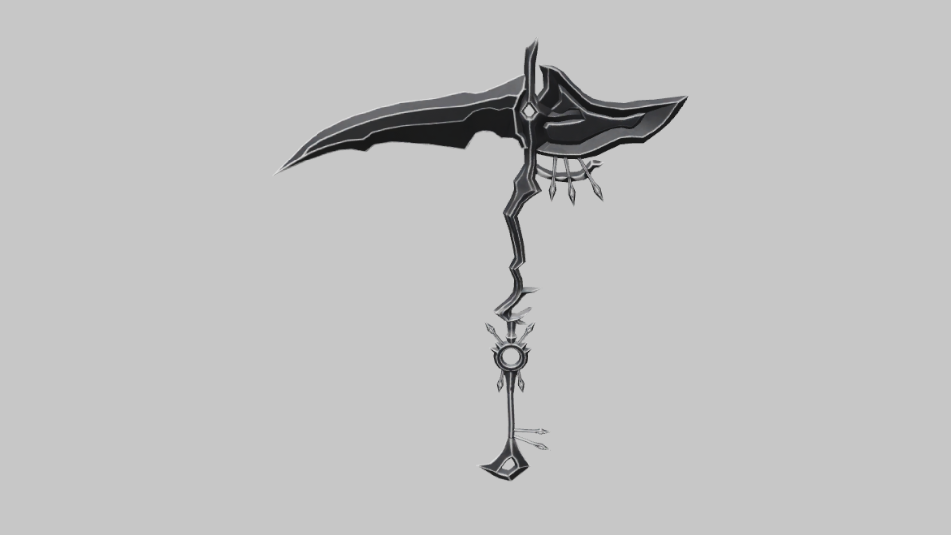 Obsidian Scythe RBXM scythe asset front render showing a black gothic blade with silver edging, chain details, and hanging ornaments