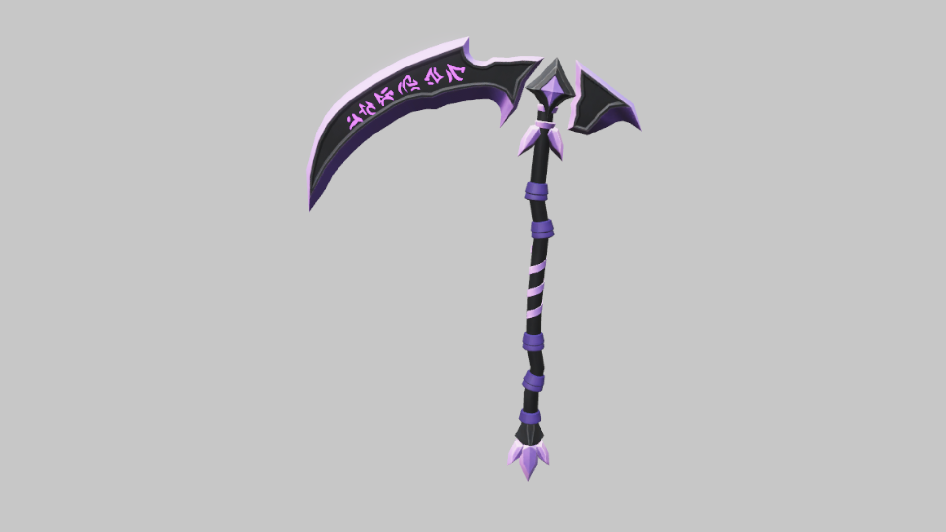 Shadow Scythe RBXM scythe asset front render showing a dark purple crescent blade with glowing rune marks and bat-wing accents