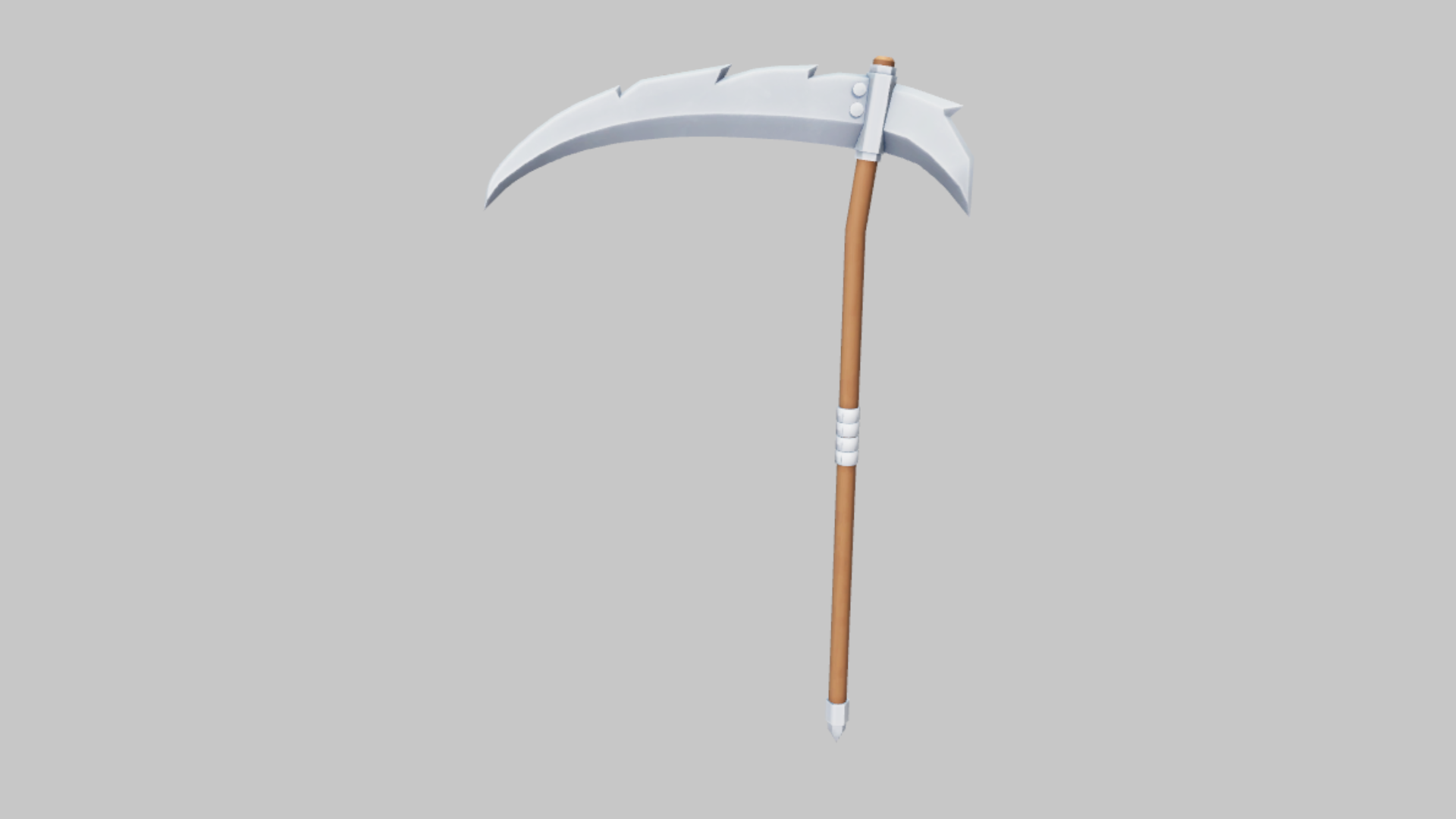 Silver Scythe RBXM scythe asset front render showing a clean silver blade on a wood shaft with white grip bands