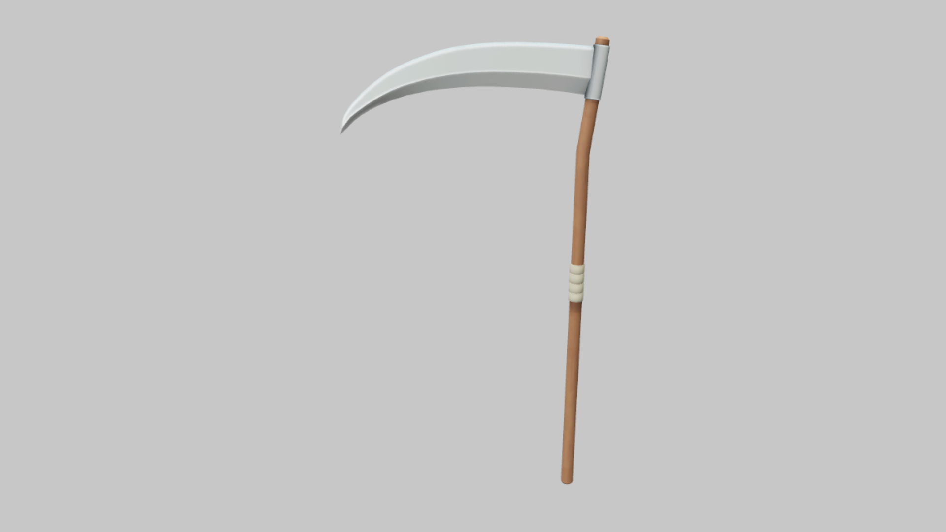 Steel Scythe RBXM scythe asset front render showing a simple steel-gray blade on a slim wooden staff with a wrapped grip