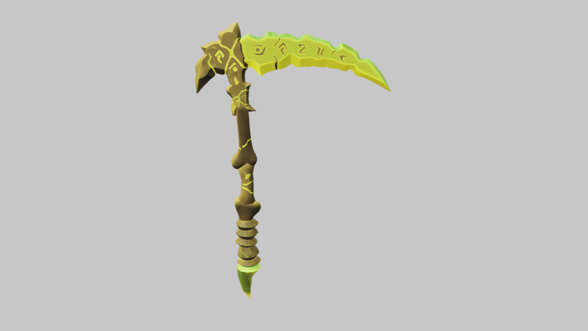 Vine Scythe RBXM scythe asset front render showing a green organic blade with thorn-like gold details and a vine-wrapped handle
