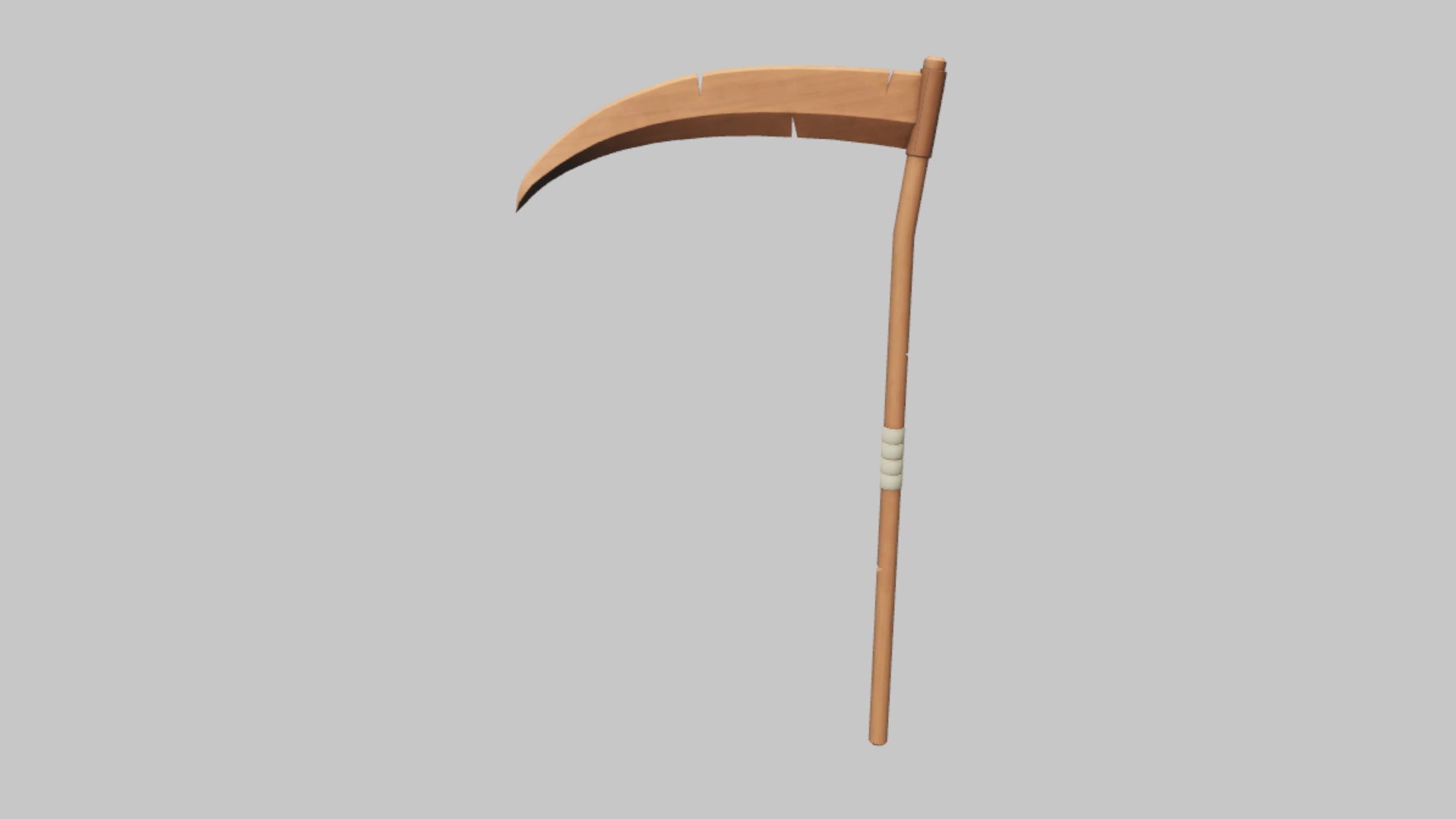 Wood Scythe RBXM scythe asset front render showing a simple wood-and-bronze farm scythe with a plain curved blade